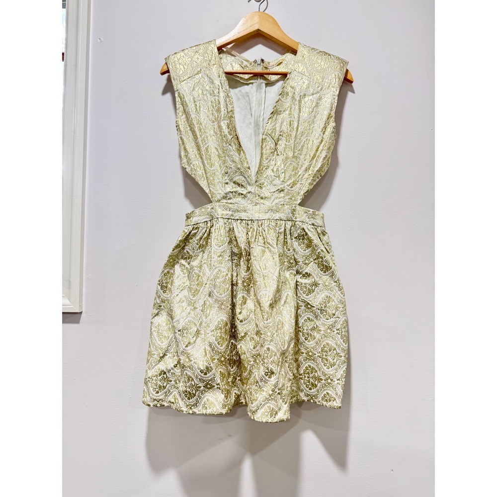 Mustard Seed Gold Brocade Cut Out Mini Dress Padded Shoulder Damask Size L